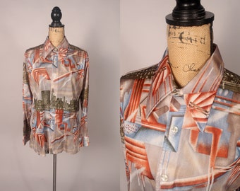 Vintage 70s City Skyline Print Poly Shirt by Gino Fabrini Sz L geometric