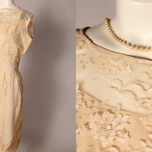 50s 60s Dress //  Vintage 50s 60s Cream Tan Lace Chiffon Dress by Carlye Size M 28" waist illusion wedding