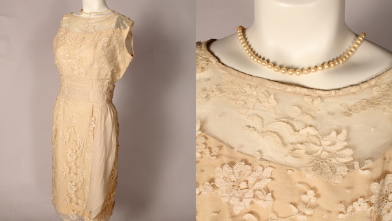 50s 60s Dress //  Vintage 50s 60s Cream Tan Lace … - image 1