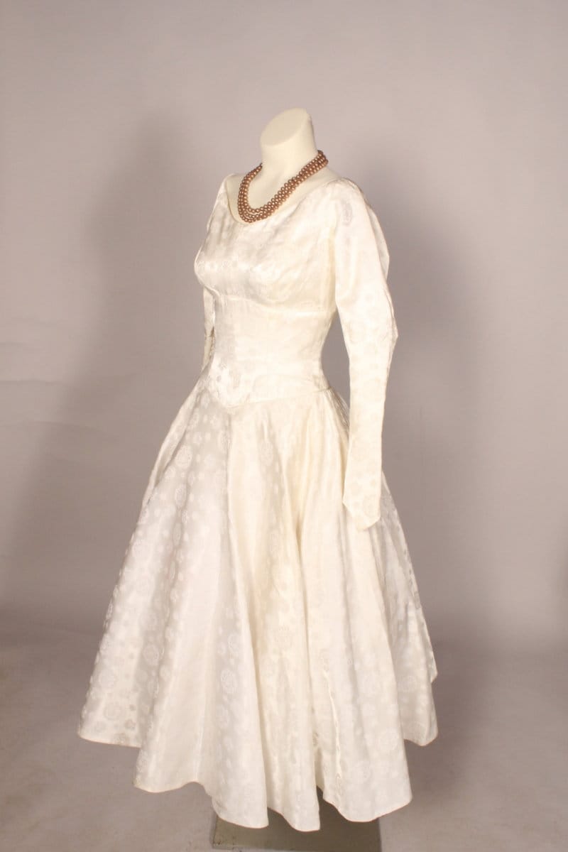Vintage 50s Ivory Jacquard Tea Length Wedding Dress Size S 25" waist