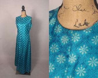 Vintage 60s Blue Silk Maxi Dress with Star ~Snowflake Pattern Size L 34" waist