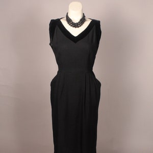 Vintage 50s Black  Linen Dress with Velvet Trim Size S 26&quot; waist,  metal side zipper