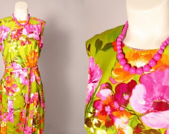 60s Romper Dress //  Vintage 60s Green Pink Floral Romper Dress Size M L cotton