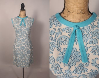 Vintage 60s Blue White Floral Linen Dress Size M 28" waist sleeveless