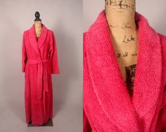 Vintage 60s Red Hot Pink Chenille Robe by Herbcraft size M bathrobe cotton/poly blend