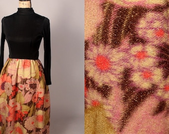 60s Dress //  Vintage 60s Black & Metallic Floral Knit Dress Size S 26" waist ILGWU long sleeved