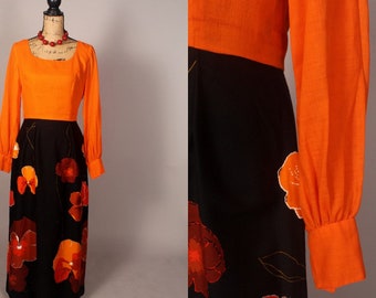 60s Dress // Vintage 60s Black Orange Maxi Dress with Floral Skirt by Van Roth Size M 28" waist