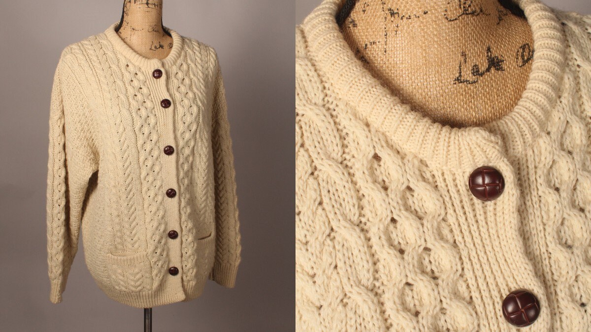 Vintage 70s Ivory Oatmeal Cable Knit Cardigan Sweater by Vintage 70s Ivory Oatmeal Cable Knit Cardigan Sweater by
