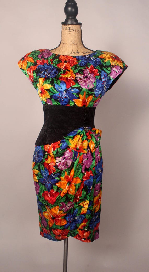 Vintage 80s Bright Floral Silk Dress by AJ Bari Size S M 28 Waist - Etsy Vintage 80s Bright Floral Silk Dress by AJ Bari Size S M 28 Waist - Etsy