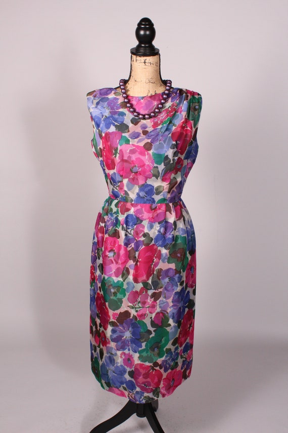 50s 60s Dress // Vintage 50s 60s Blue Pink Floral… - image 2