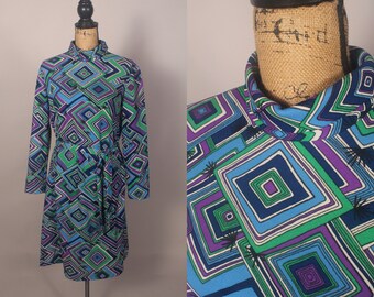 60s 70s Blue Green Purple Geometric Poly Dress + Belt Size L