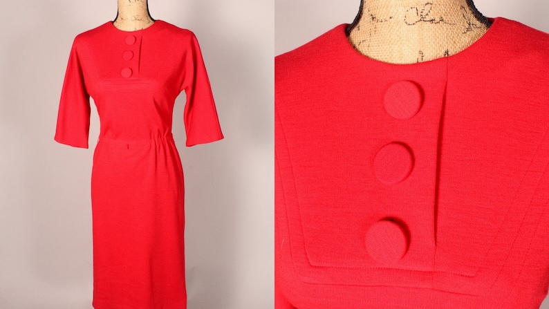 50s 60s Dress // Vintage 50s 60s Red Knit Dress with Big Buttons by R&K Originals Size M 'For The Girl Who Knows Clothes' image 1