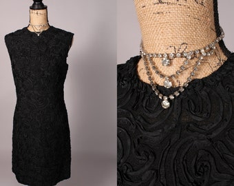 60s Dress //  Vintage 60s Black Ribbon Dress by Sophisticated Miss Size L 32" waist sleeveless cocktail dress California