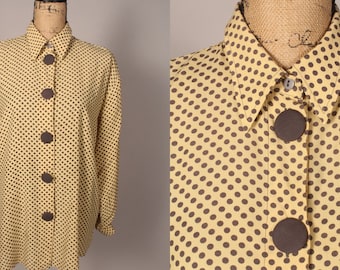 80s Blouse //  Vintage 80s Pale Yellow & Gray Polka Dot Blouse with big buttons by Premier Collection Denmark