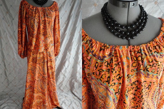60s 70s Dress // Vintage 60s 70s Orange Paisley P