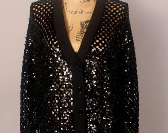 Suéter de punto con lentejuelas y tejido abierto, estilo vintage de los años 80, color negro