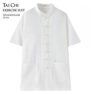 May include: White Tai Chi exercise suit with short sleeves, a mandarin collar, and frog closures. The suit has two front pockets and the text "TAI CHI EXERCISE SUIT SPRING&SUMMER STYLE".