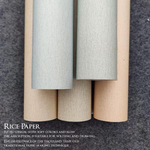 May include: Rolled rice paper in beige and light blue-grey. Several rolls of paper are stacked together, with the ends visible. The image includes text: "RICE PAPER, RETRO DESIGN, WITH SOFT COLORS AND SLOW INK ABSORPTION, IS SUITABLE FOR WRITING AND DRAWING."