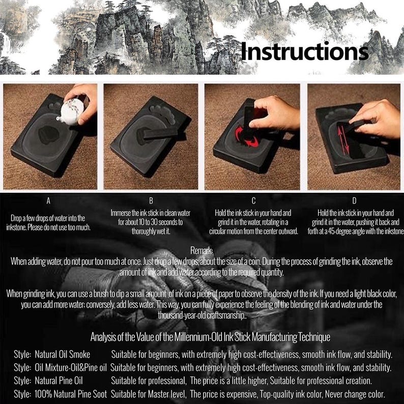 Puede incluir: Imagen instructiva que muestra el proceso de uso de una barra de tinta y una piedra de tinta. Los pasos incluyen agregar agua, mojar la barra, moler la tinta y usar la tinta. El texto proporciona consejos sobre la densidad de la tinta y el valor de diferentes estilos de tinta.