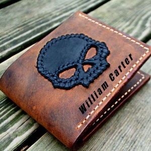 Cartera de cuero personalizada para hombre, cartera con calavera, regalo de terror para hombre, idea de regalo de Halloween para hombre, cartera para hombre con bloqueo RFID estilo terror
