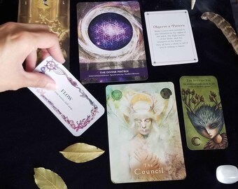 May include: A collection of oracle cards featuring The Divine Matrix, The Council, The Autumn Ear, and Flow, alongside an abalone shell, crystals, dried leaves, and a wooden stick. The cards display intricate illustrations and text.