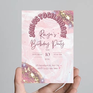 Girls Birthday Editable Invitation, Pink Glitter Girl Birthday Invitation, Glitter Theme, Balloon, Party Kids Party