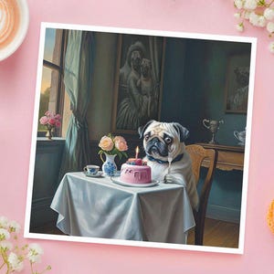 Funny Pug Birthday Card, Cute Dog Greeting Cards, Animal Quirky Sweet Royal Gift, Cake Puppy Art, Happy Birthday Present, Pet Pugs Card Woof