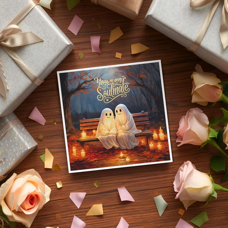 May include: A greeting card with a spooky Halloween theme featuring two ghosts sitting on a bench in a forest. The card has the text "You are my soulmate" in gold lettering.