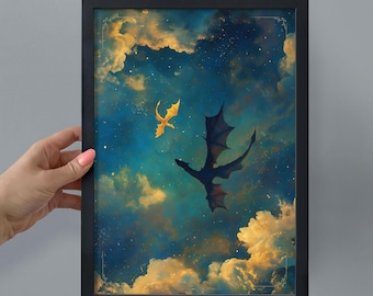 Puede incluir: Lámina artística enmarcada que muestra dos dragones volando en un cielo estrellado. Uno es dorado, el otro oscuro, con alas extendidas. El fondo es una mezcla de azul, dorado y blanco, creando una atmósfera de ensueño.