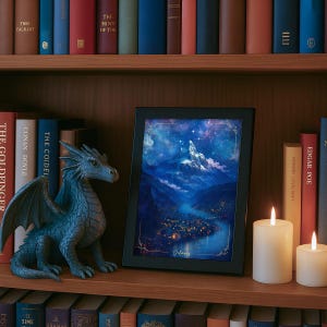 Framed Velaris Bookshelf Decor, Romantasy Art Painting in Frame, Night Court Print, Bookish Acotar Reader Birthday Gift for Library Shelf image 3