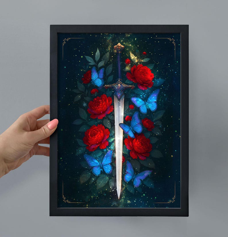 May include: Framed art print featuring a fantasy design. A silver sword is centered, surrounded by red roses and blue butterflies against a dark, starry background. The artwork is in a black frame.