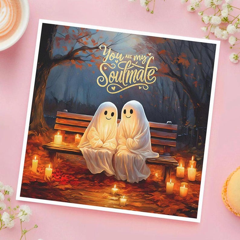 May include: Two glowing ghosts sitting on a bench in a forest with the text "You are my Soulmate" above them. The scene is lit by glowing lights and the leaves on the ground are orange and brown.