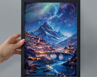 Puede incluir: Impresión artística enmarcada que representa un paisaje de fantasía con una ciudad al pie de montañas nevadas. La obra presenta un puente sobre un río, barcos y un cielo nocturno vibrante con estrellas y nebulosas. La palabra "Velaris" está escrita en la parte inferior.