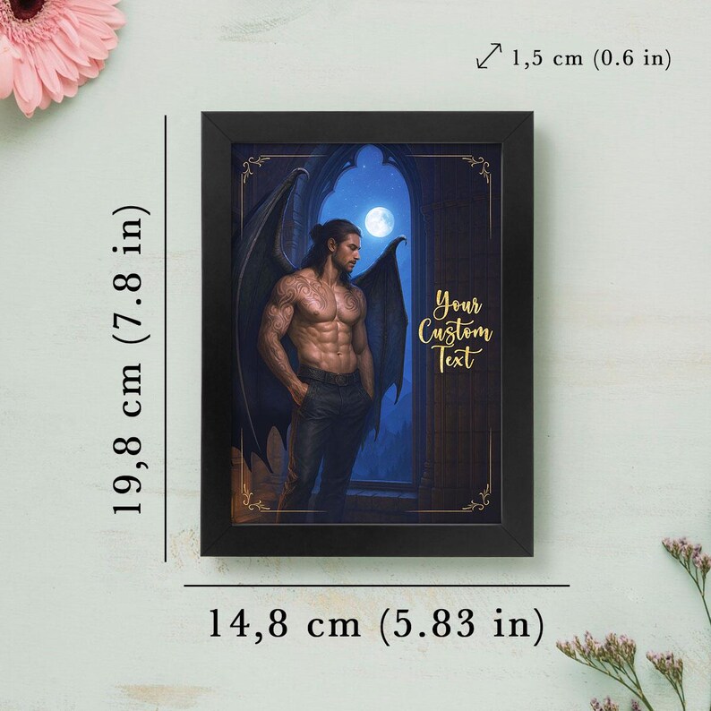 May include: Framed artwork featuring a muscular figure with dark wings, set against a moonlit archway. The black frame measures 14.8 cm (5.83 in) wide and 19.8 cm (7.8 in) tall. The text "Your Custom Text" is displayed in gold script.