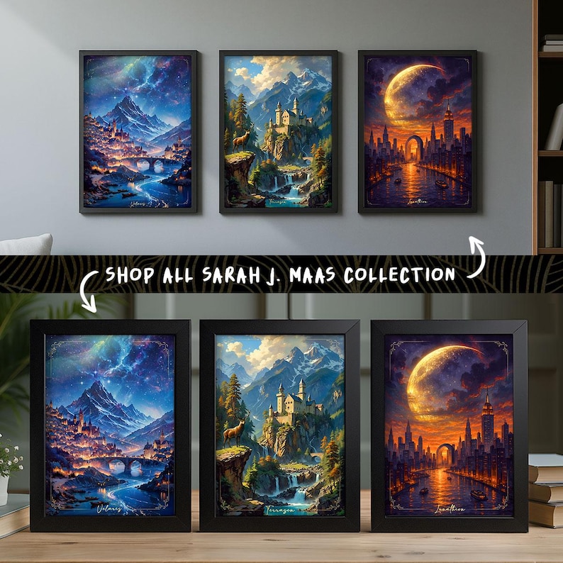 Puede incluir: Seis impresiones art&iacute;sticas enmarcadas que representan paisajes de fantas&iacute;a. Las impresiones representan cadenas monta&ntilde;osas, castillos y paisajes urbanos bajo cielos estrellados y una gran luna. Tambi&eacute;n se ve el texto "SHOP ALL SARAH J. MAAS COLLECTION".