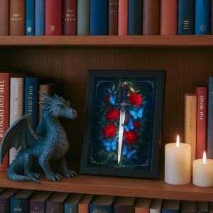 May include: A framed artwork featuring a sword, red roses, and blue butterflies. A blue dragon figurine and two lit candles sit on a wooden shelf with books. The artwork is in a black frame.
