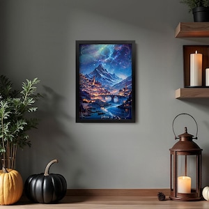 Puede incluir: Impresi&oacute;n art&iacute;stica enmarcada que representa un paisaje de fantas&iacute;a con un puente, un r&iacute;o y monta&ntilde;as bajo un cielo estrellado. La obra de arte presenta una paleta de colores vibrantes de azules, naranjas y morados, creando una atm&oacute;sfera m&iacute;stica. La palabra "Valoria" est&aacute; escrita en la parte inferior de la imagen.