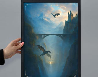 Puede incluir: Lámina artística enmarcada de fantasía con un castillo, un puente y dragones volando por un paisaje montañoso. La obra de arte tiene un cielo dramático con una cascada y un castillo a la derecha. Los dragones son siluetas oscuras.
