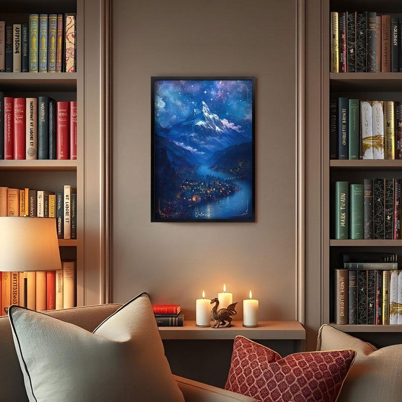 Framed Velaris Bookshelf Decor, Romantasy Art Painting in Frame, Night Court Print, Bookish Acotar Reader Birthday Gift for Library Shelf image 9