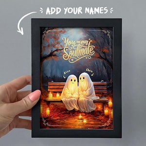 May include: A framed picture showing two ghost figures on a bench with the words "You are my Soulmate." The scene is set in a forest with autumn colours and candles. The names "Alice" and "Chris" are also included in the artwork.