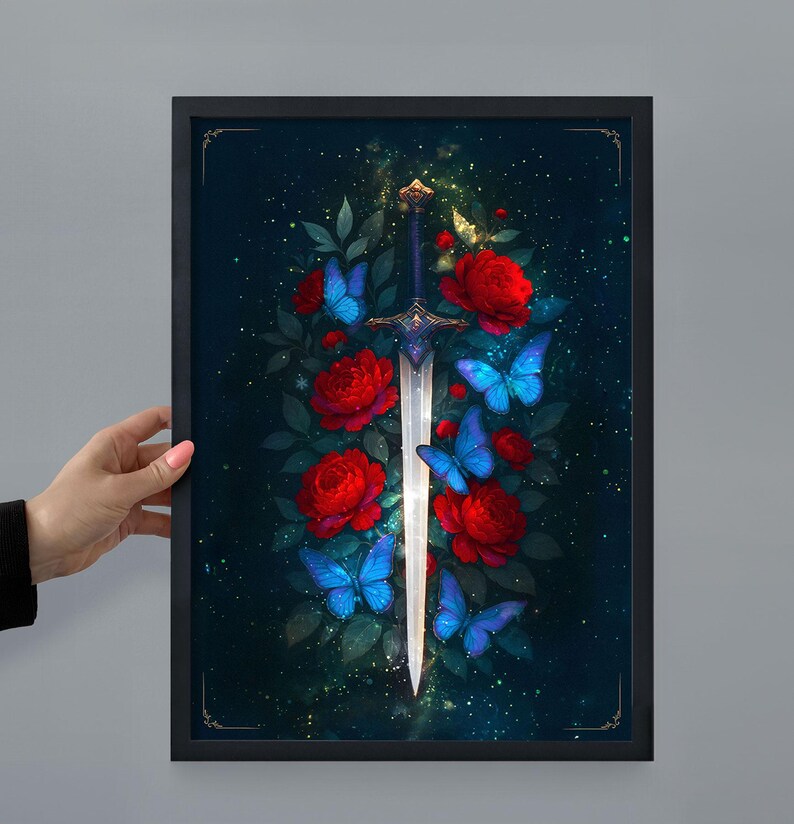 May include: Framed art print featuring a sword with a silver blade and ornate hilt, surrounded by red roses and blue butterflies. The artwork has a dark background with a touch of gold.