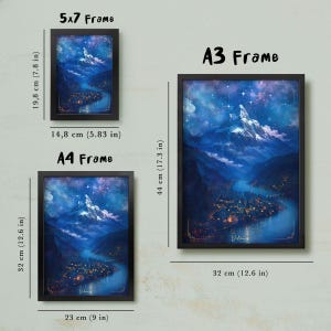 May include: Three framed art prints with a fantasy landscape scene. The largest is an A3 frame, 12.6 inches wide and 17.3 inches tall. The A4 frame is 9 inches wide and 12.6 inches tall. The smallest is a 5x7 frame, 5.83 inches wide and 7.8 inches tall.