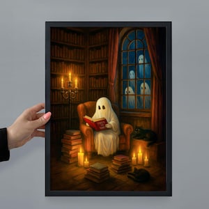 May include: A framed print depicts a ghost reading a book titled "Smut of Smut" in a cozy library setting. The scene includes stacks of books, lit candles, a black cat, and ghosts peering through a window. The artwork has a warm, inviting color palette.