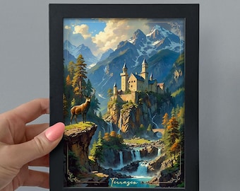 Puede incluir: Una impresión enmarcada que presenta un paisaje montañoso con un castillo, una cascada y un ciervo. La obra de arte está ambientada sobre un fondo de montañas y cielo azul. El texto en la parte superior dice "OTHER SIZES AVAILABLE". La palabra "Terragen" está en la parte inferior.