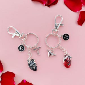 SET OF TWO Couple Heart Keychains, Matching Enamel Anatomical Heart Keyrings Cute Custom Initial Charm, Anniversary Gift Her Him Halloween