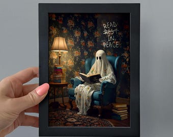 Framed Reading Ghost Bookshelf Decor, 5x7 A4 A3 Frame Painting, Gothic Spooky Dark Fantasy Print Poster Cottagecore Vintage Wall Art