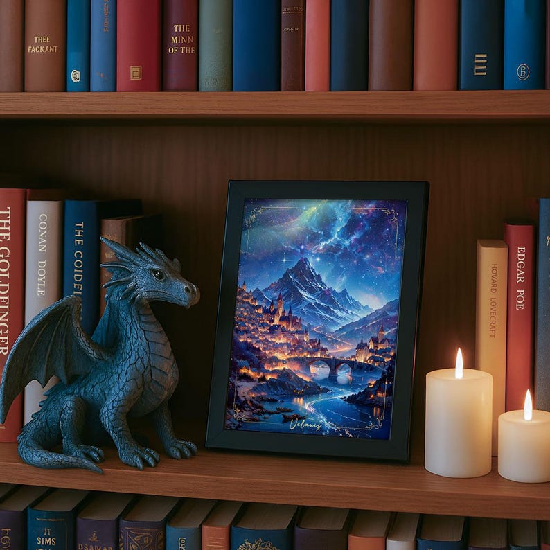 Puede incluir: Una impresi&oacute;n art&iacute;stica enmarcada con una escena de paisaje de fantas&iacute;a que presenta una cordillera, un r&iacute;o y una ciudad por la noche. Una figura de drag&oacute;n azul y dos velas encendidas est&aacute;n en una estanter&iacute;a de madera con libros.
