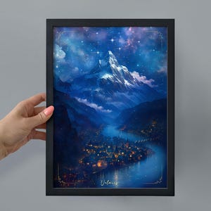 Framed Velaris Bookshelf Decor, Romantasy Art Painting in Frame, Night Court Print, Bookish Acotar Reader Birthday Gift for Library Shelf A4 Black Frame