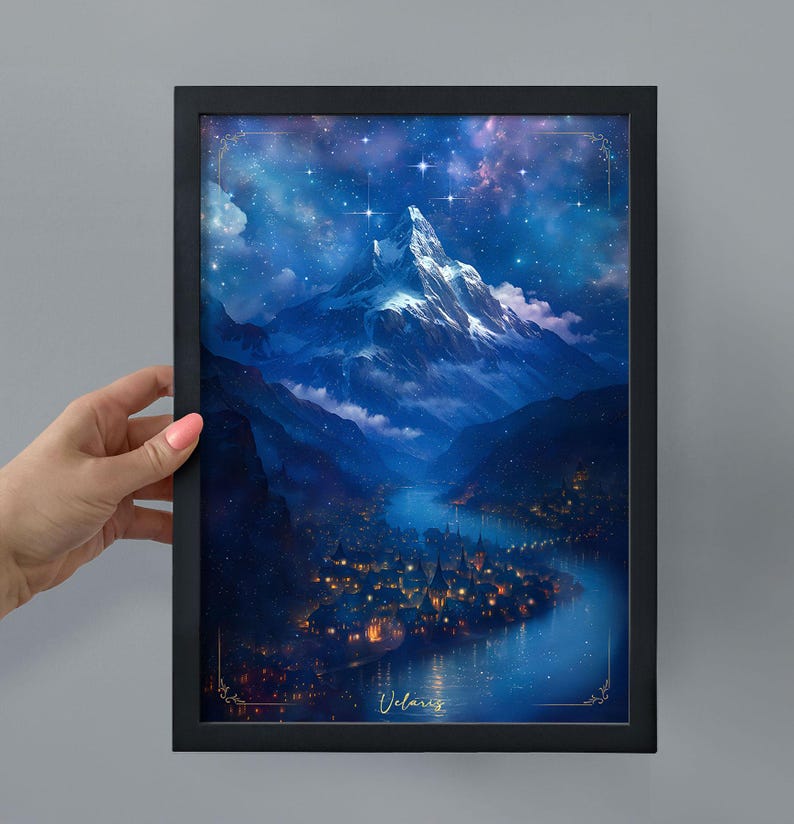 Framed Velaris Bookshelf Decor, Romantasy Art Painting in Frame, Night Court Print, Bookish Acotar Reader Birthday Gift for Library Shelf A4 Black Frame