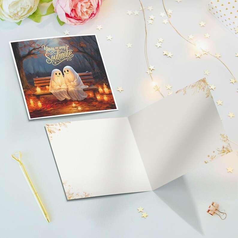 May include: A greeting card with a spooky illustration of two ghosts sitting on a bench in a forest. The text on the card reads "You are my soulmate".
